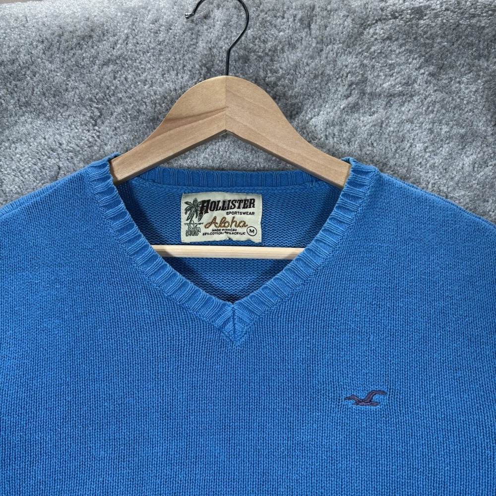 Vintage Hollister Aloha Sweater Men M Pullover Blue Knit V Neck Logo Surf Y2K